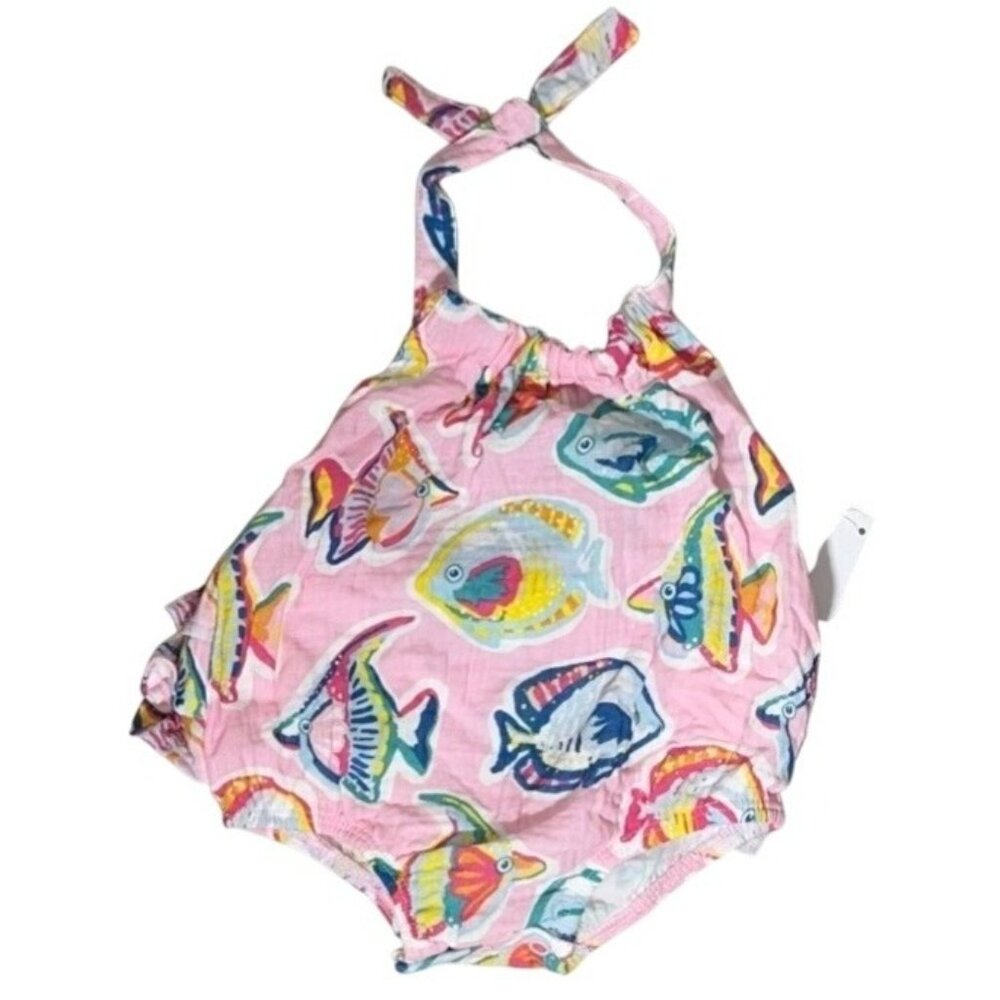Mud Pie 6-9m NWT Rainbow Fish bubble pink cotton gauze halter neck beach summer